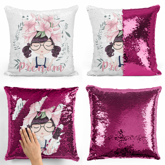 Cojín mágico con lentejuelas personalizado - Niña pequeña flores