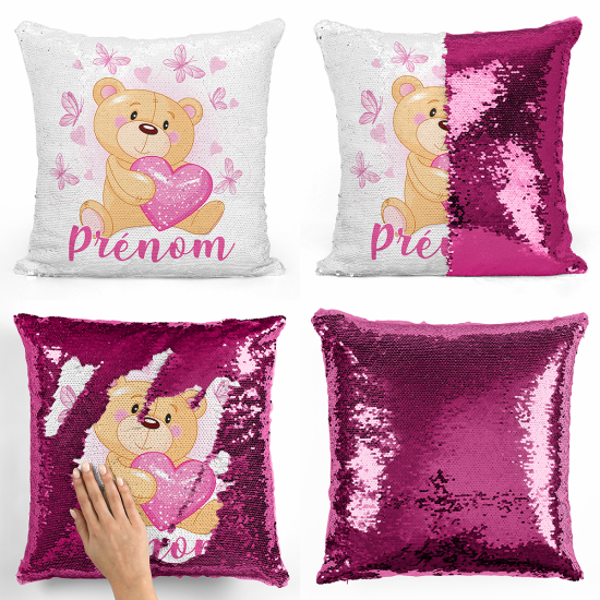 Cojín mágico con lentejuelas personalizado - Osito corazones