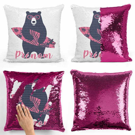 Cojín mágico con lentejuelas personalizado - Oso surfista
