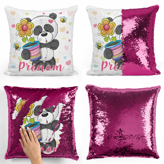 Cojín mágico con lentejuelas personalizado - Panda con maceta de flores