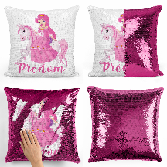 Cojín mágico con lentejuelas personalizado - Princesa a caballo