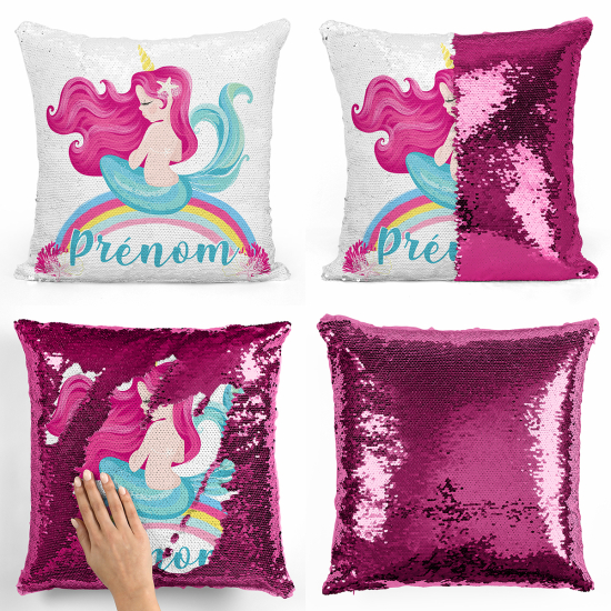 Cojín mágico con lentejuelas personalizado - Sirena arcoíris