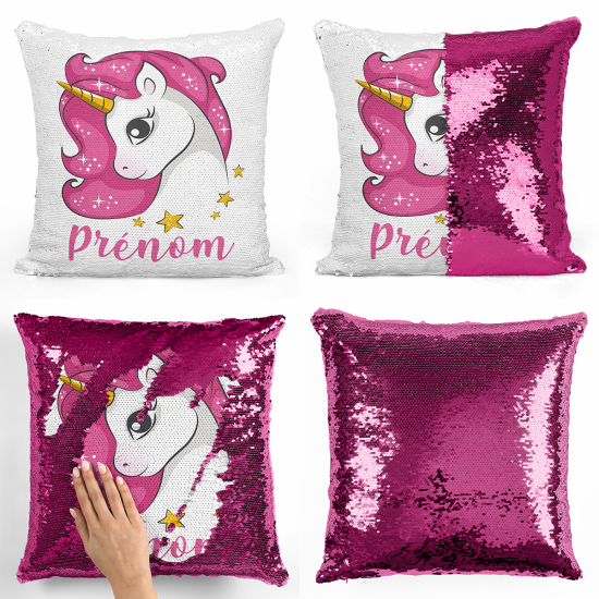 Cojín mágico con lentejuelas personalizado - Unicornio estrellas