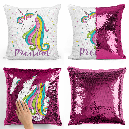 Cojín mágico con lentejuelas personalizado - Unicornio estrellas