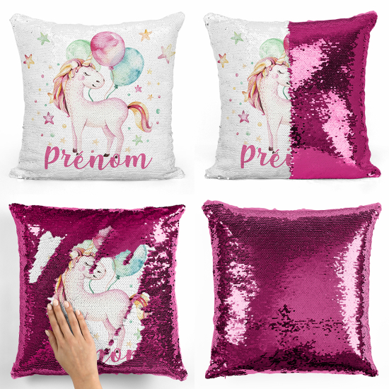 Cojín mágico con lentejuelas personalizado - Unicornio globos