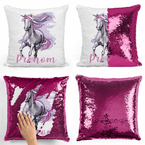 Cojín mágico con lentejuelas personalizado - Unicornio violeta