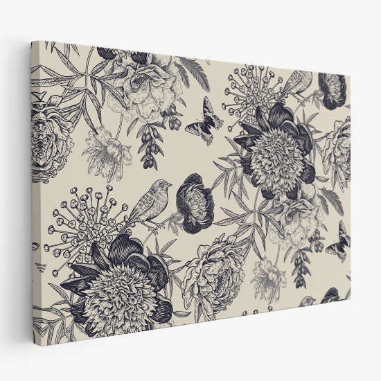 Cuadro en Lienzo - Flores Pájaros mariposas