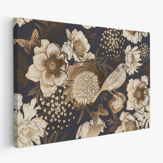 Cuadro en Lienzo - Flores Pájaros mariposas