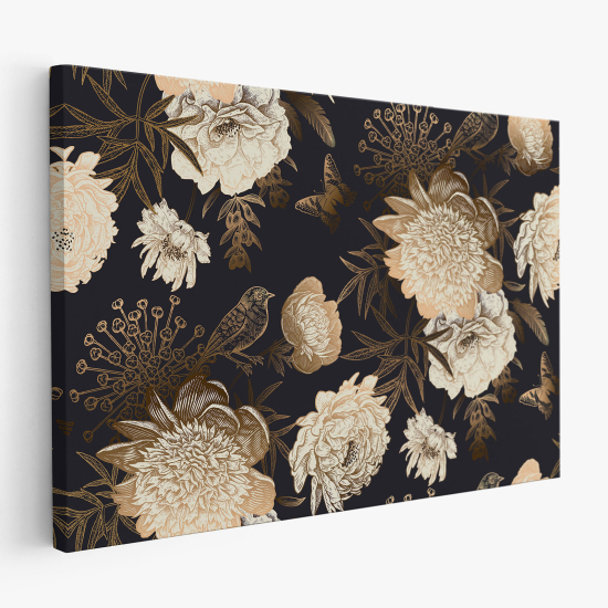 Cuadro en Lienzo - Flores Pájaros mariposas