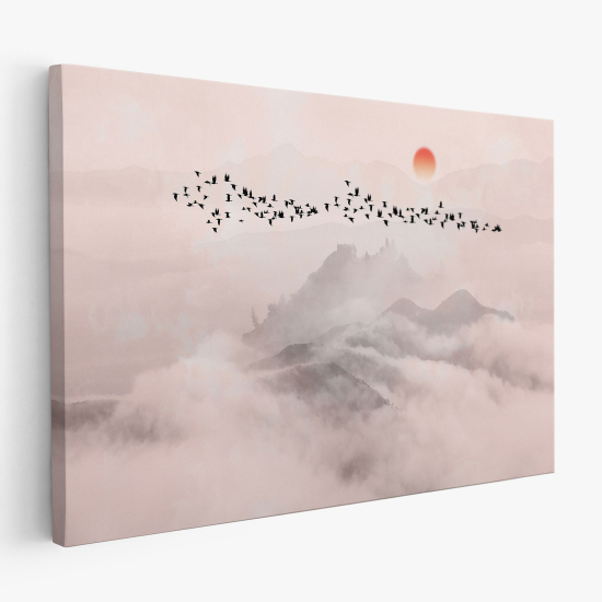 Cuadro en Lienzo - Pájaros oscuros sobrevolando montañas