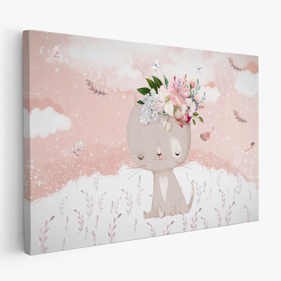 Cuadro en Lienzo para niños - Infantil - Gato Flores