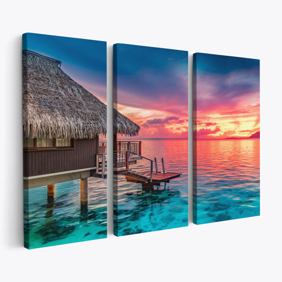 Cuadro tríptico - Bungalow flotante paradisíaco