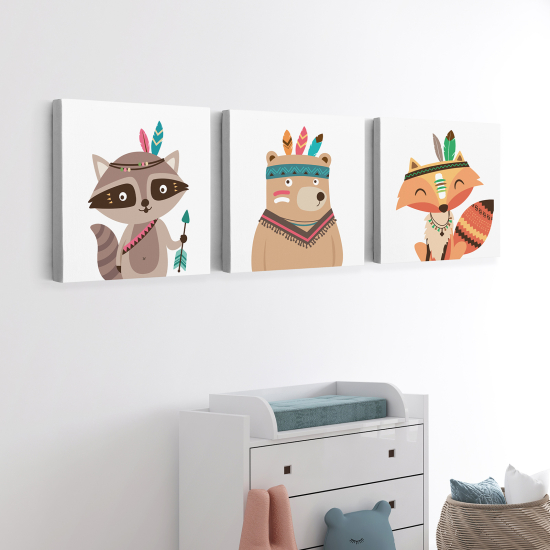 Cuadro tríptico para niños - Infantil - Animales Indios
