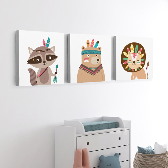 Cuadro tríptico para niños - Infantil - Animales Indios