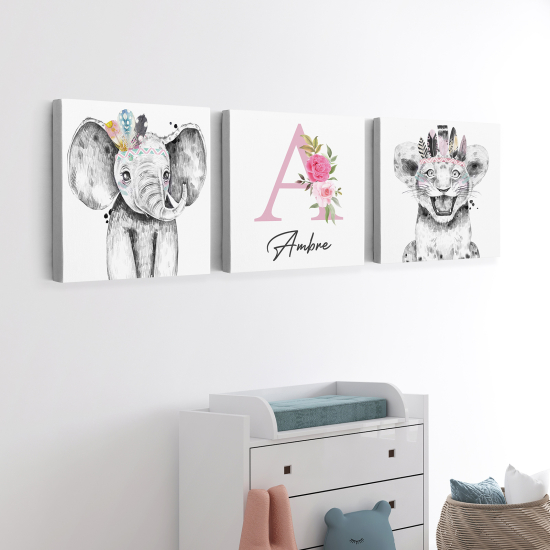 Cuadro tríptico personalizado para niños - Infantil - Elefante tigre