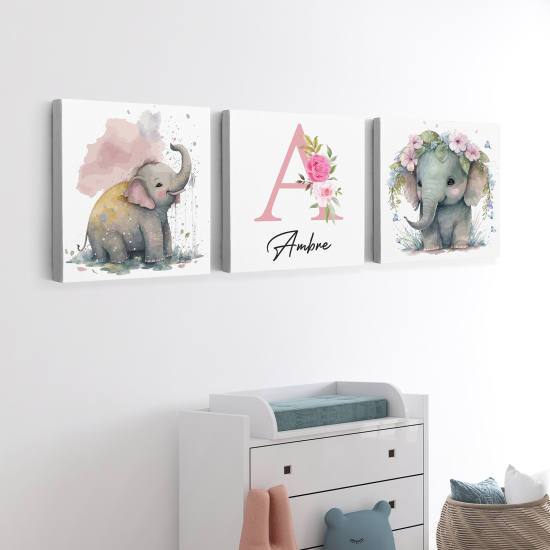 Cuadro tríptico personalizado para niños - Infantil - Elefantes