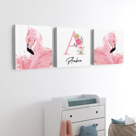 Cuadro tríptico personalizado para niños - Infantil - Flamencos Rosados