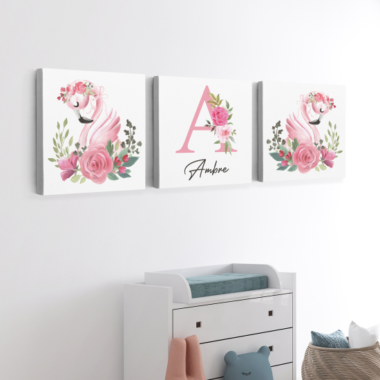 Cuadro tríptico personalizado para niños - Infantil - Flamencos rosas