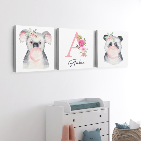 Cuadro tríptico personalizado para niños - Infantil - Koala panda burbuja
