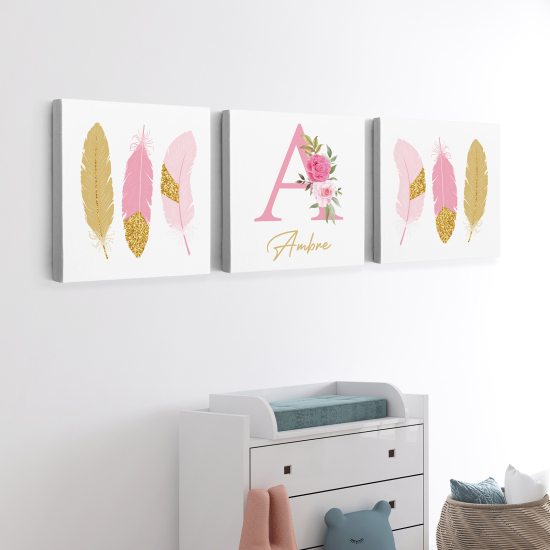 Cuadro tríptico personalizado para niños - Infantil - Plumas