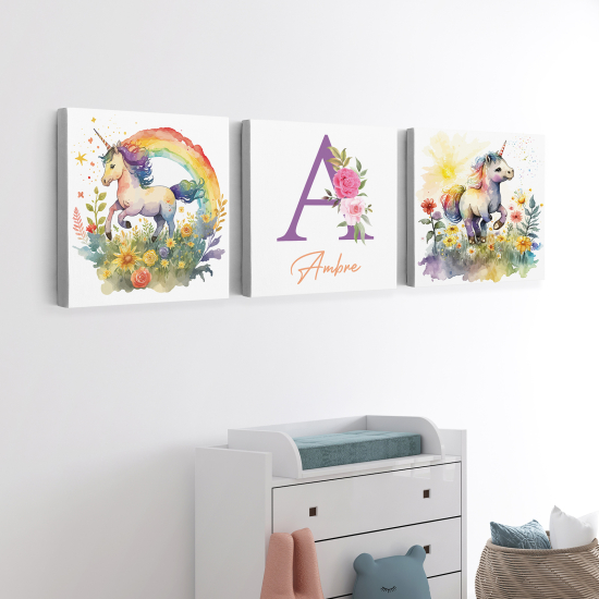 Cuadro tríptico personalizado para niños - Infantil - Unicornios