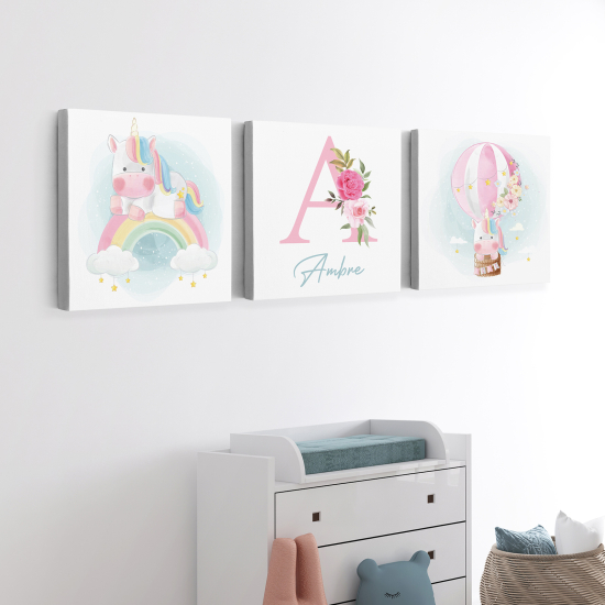 Cuadro tríptico personalizado para niños - Infantil - Unicornios