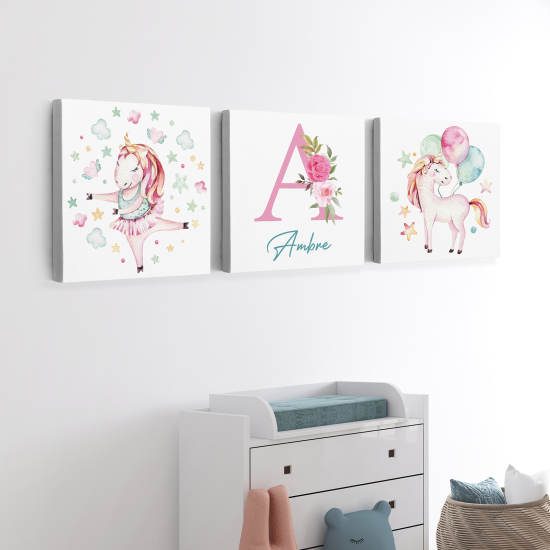 Cuadro tríptico personalizado para niños - Infantil - Unicornios