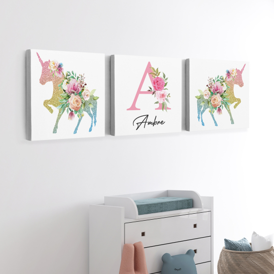 Cuadro tríptico personalizado para niños - Infantil - Unicornios Flores
