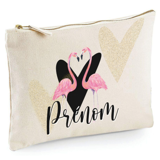 Estuche / Bolsa - Nombre Flamencos Rosados Corazones