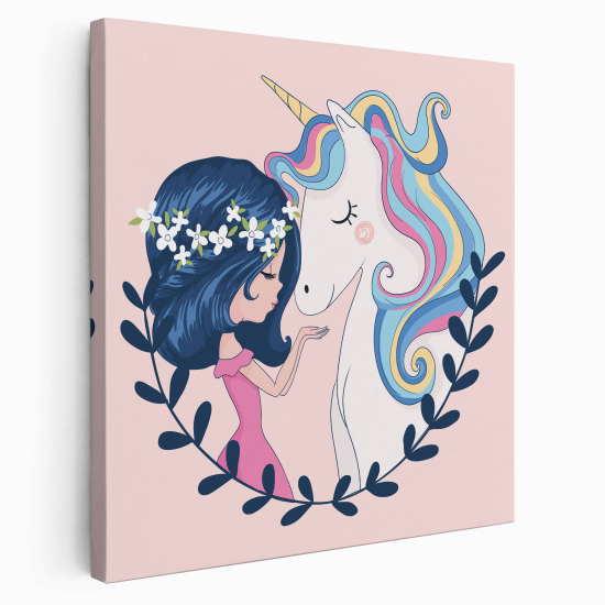 Lienzo cuadrado para niños - Infantil - Chica y Unicornio