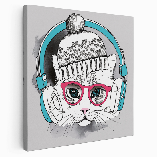 Lienzo cuadrado para niños - Infantil - Gato auriculares música