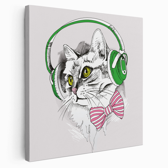 Lienzo cuadrado para niños - Infantil - Gato auriculares música