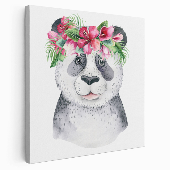 Lienzo cuadrado para niños - Infantil - Panda Flores