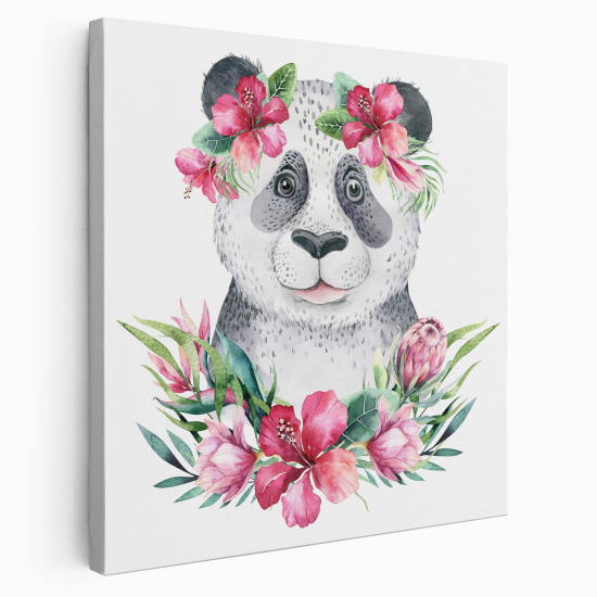 Lienzo cuadrado para niños - Infantil - Panda Flores