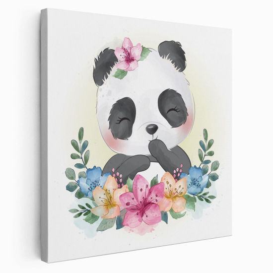 Lienzo cuadrado para niños - Infantil - Panda Flores