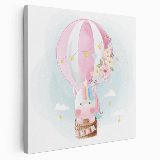 Lienzo cuadrado para niños - Infantil - Unicornio Globo Aerostático
