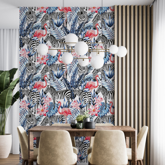 Papel pintado - Cebra y flamencos rosas
