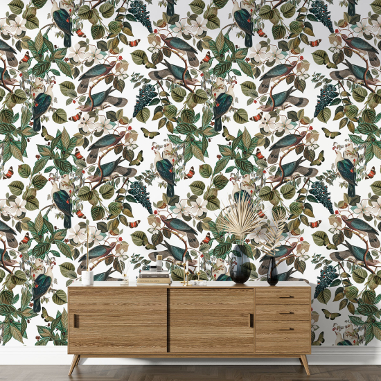 Papel pintado con motivos XL - Flores Pájaros