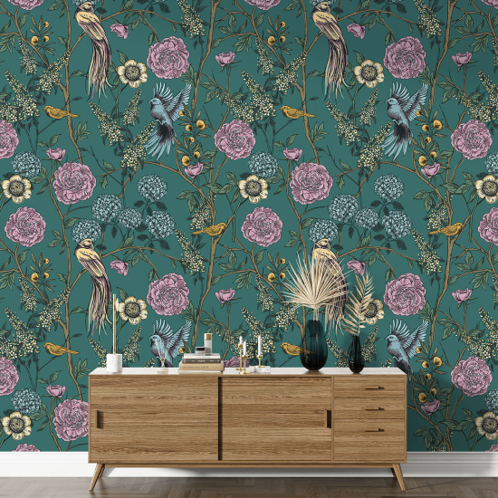 Papel pintado con motivos XL - Flores Pájaros