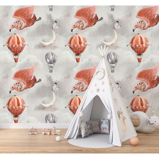 Papel pintado con motivos XL para niños - infantil - Globos aerostáticos Flamencos Rosados