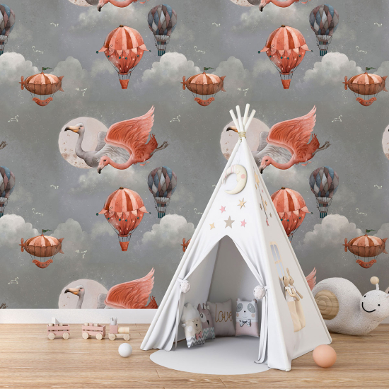 Papel pintado con motivos XL para niños - infantil - Globos aerostáticos Flamencos Rosados