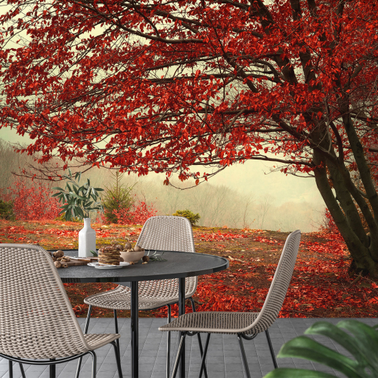 Papel pintado panorámico - Árbol Flores rojas