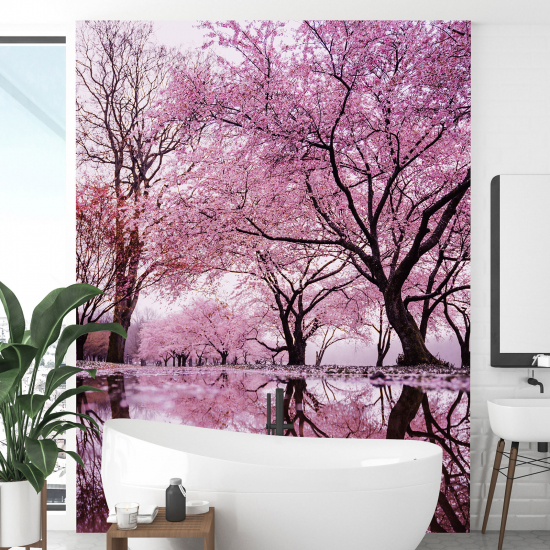 Papel pintado panorámico - Árboles hojas rosas