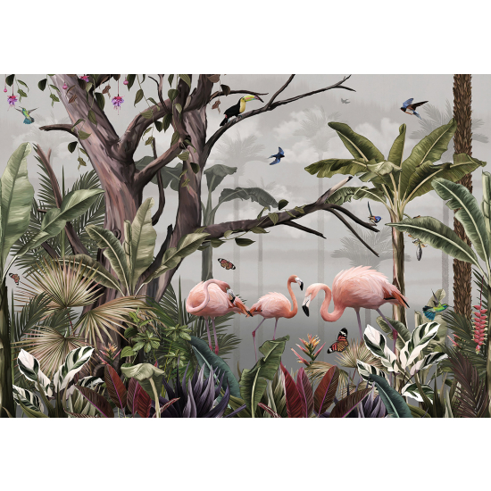 Papel pintado panorámico - Bosque Tropical Flamencos Rosados