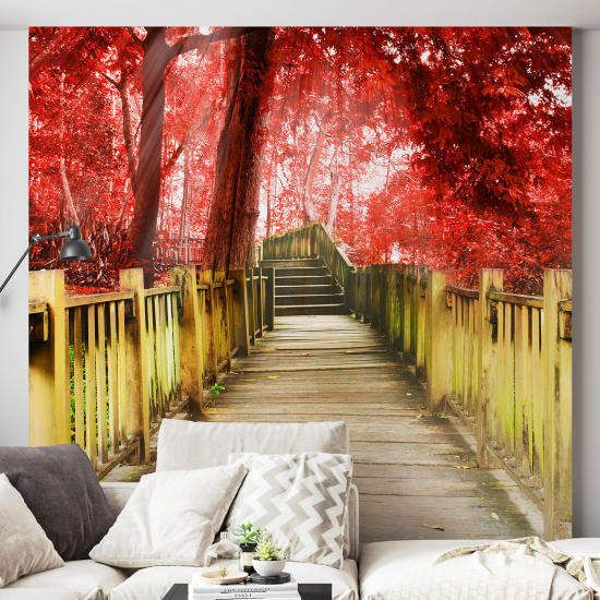 Papel pintado panorámico - Escaleras Flores rojas