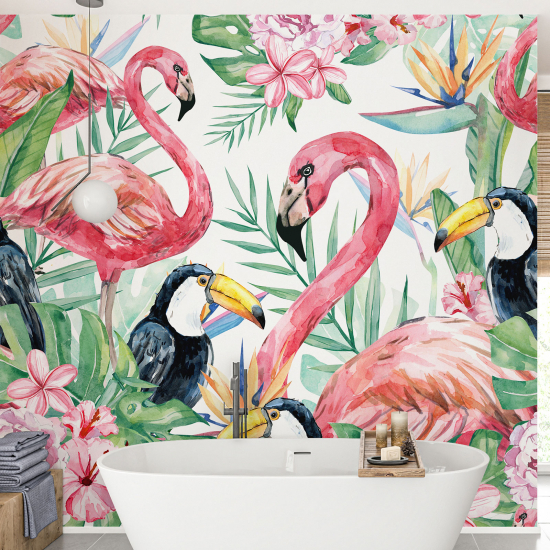 Papel pintado panorámico - Flamencos rosados tucanes
