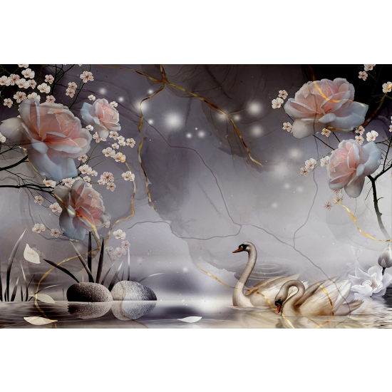 Papel pintado panorámico - Flores Cisnes 3D