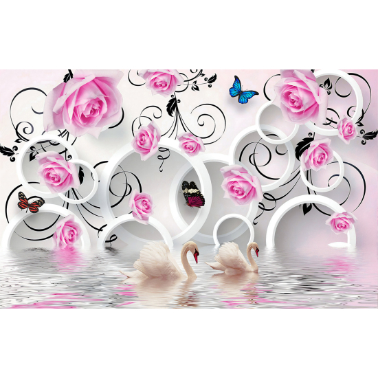 Papel pintado panorámico - Flores Cisnes 3D