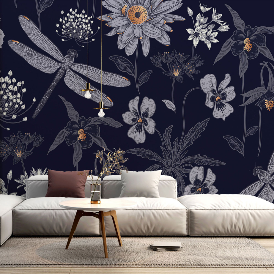Papel pintado panorámico - Flores Libélulas