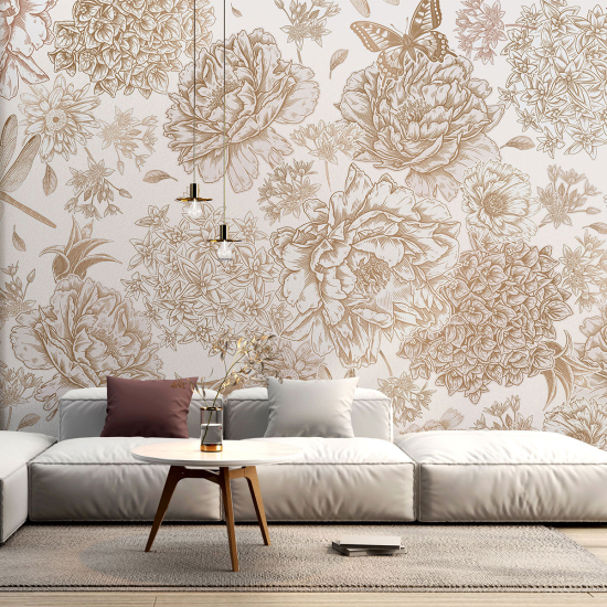 Papel pintado panorámico - Flores Libélulas